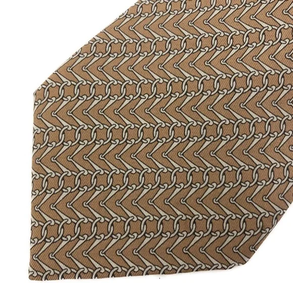 HERMÈS 100% SILK VINTAGE TIE tan and gray CHAIN